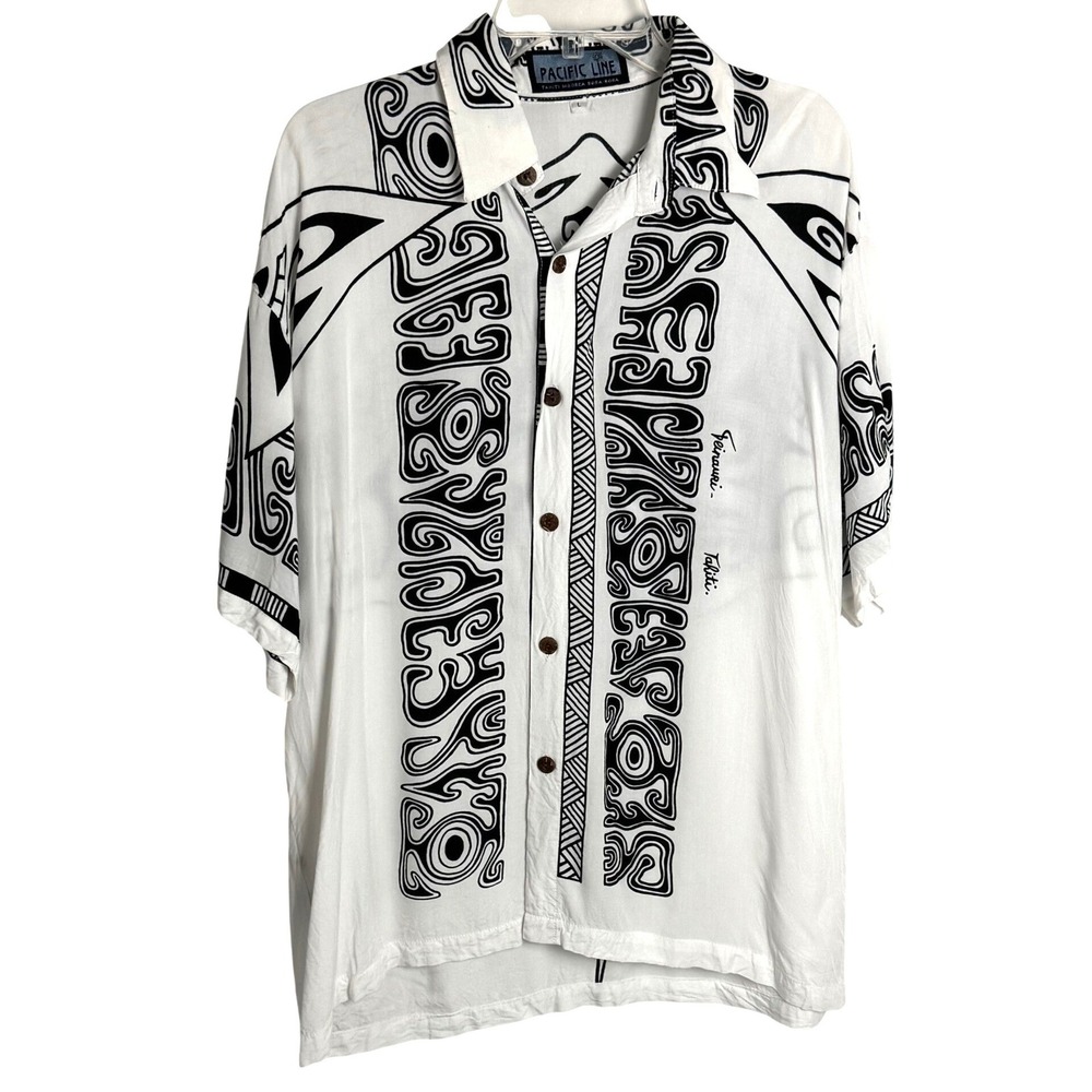 Pacific Line Tahiti Stingray Shirt Mens Large White Black Tribal Ray Rayon S/S